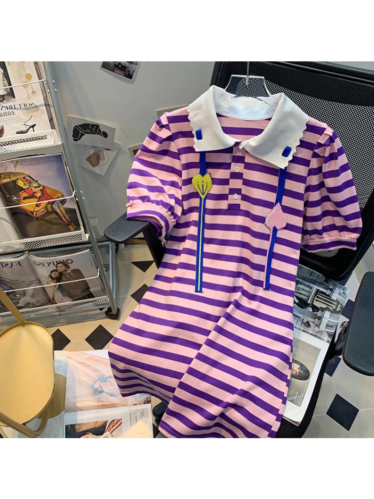 

Bubble Short Sleeve Polo Collar Dress Women's Summer New College Style Straight Loose Striped A-line T-Shirt Short Skirt Female