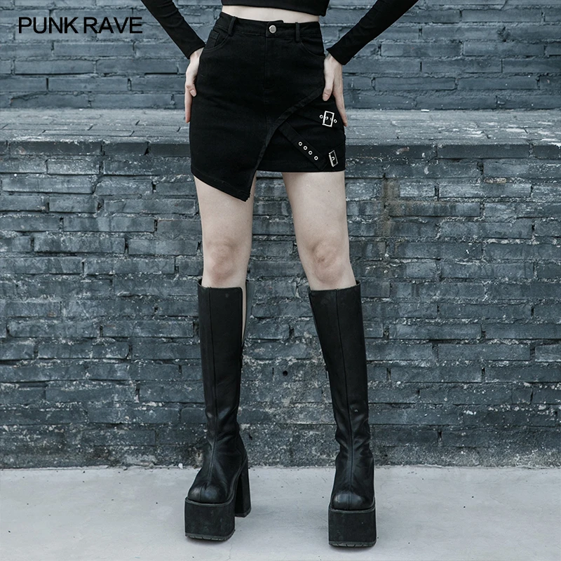 PUNK RAVE diagonal denim women’s short skirt A-Line irregular buttock design with zipper half skirts Waist Loops for female