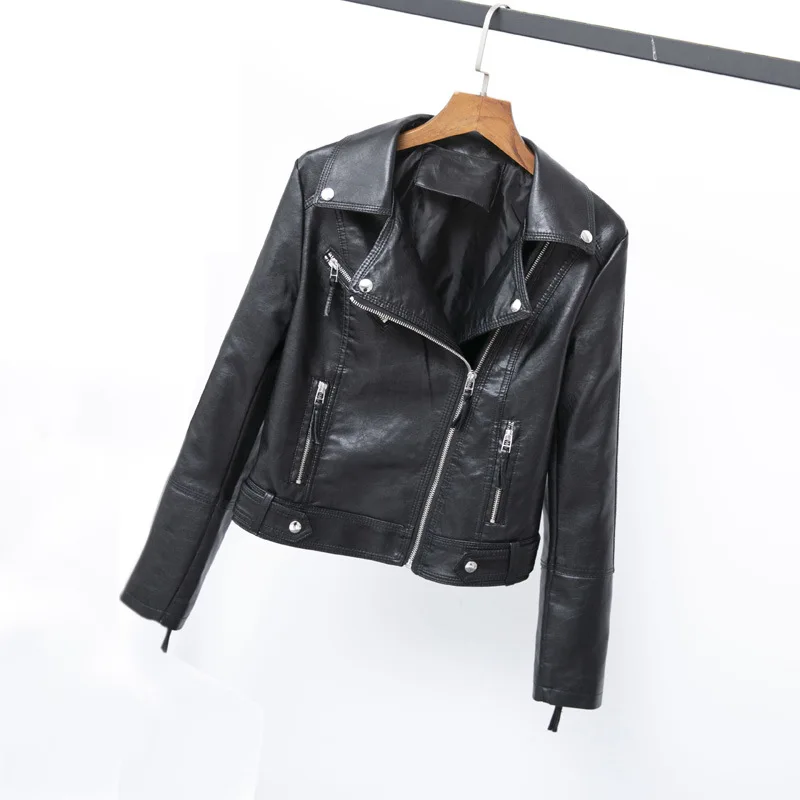 Leather women's short lapel coat 2023 spring and autumn clothes new slim motorcycle leather jacket