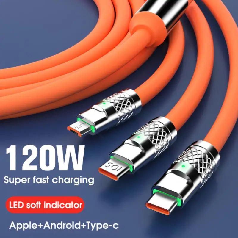

120W Data Cable 3 In 1 Data Wire Mobile Phone Fast Charging Line 6A Silicone Data Cable With LED Indicator Light 1.2 M Cables