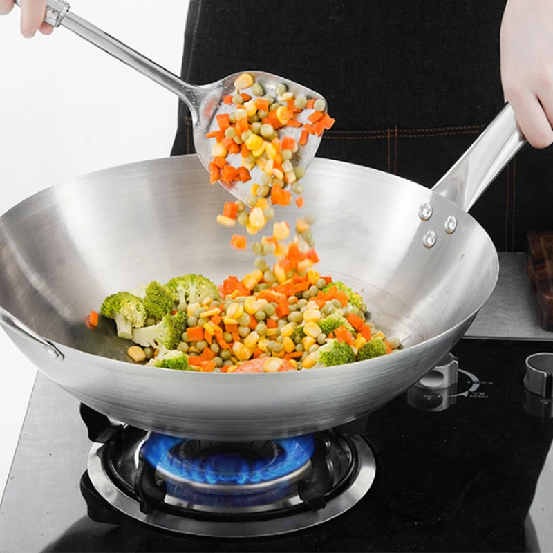 

11in Stainless Steel Wok Round Bottom wok pan With Ears Uncoated Omelette pan Kitchen Cooking pan Gas stove general