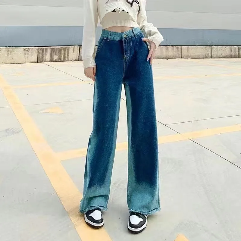 Fashionable Retro Striped Green Women Jeans 2023 Summer New Korean Harajuku High Waisted Casual Loose Straight Trousers Street