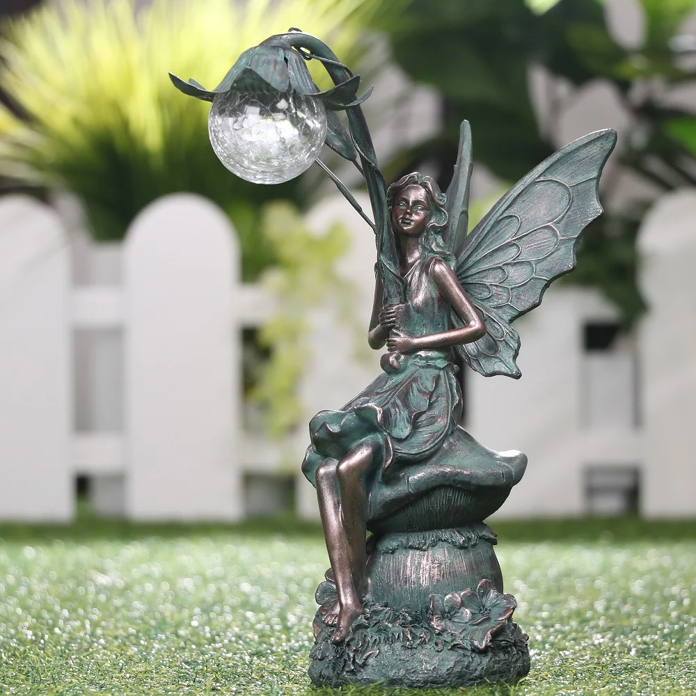 

TERESA'S COLLECTIONS LED Solar Garden Figures Angel Statue Glass Balls Lighting Garden Resin Decoration Micro Landscape Crafts