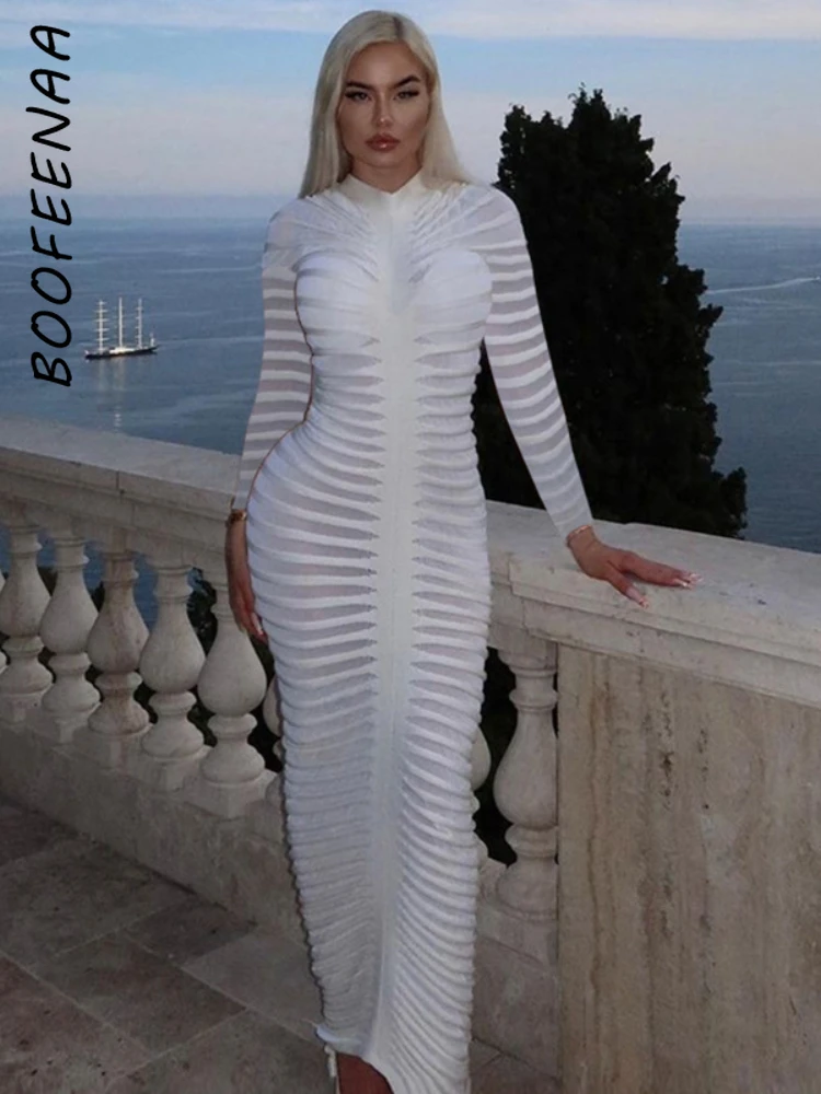

BOOFEENAA Sheer Knitted Sweater Dress Long Sleeve White Bodycon Dresses for Women Fashion 2023 Autumn Winter Outfit C83-EF42