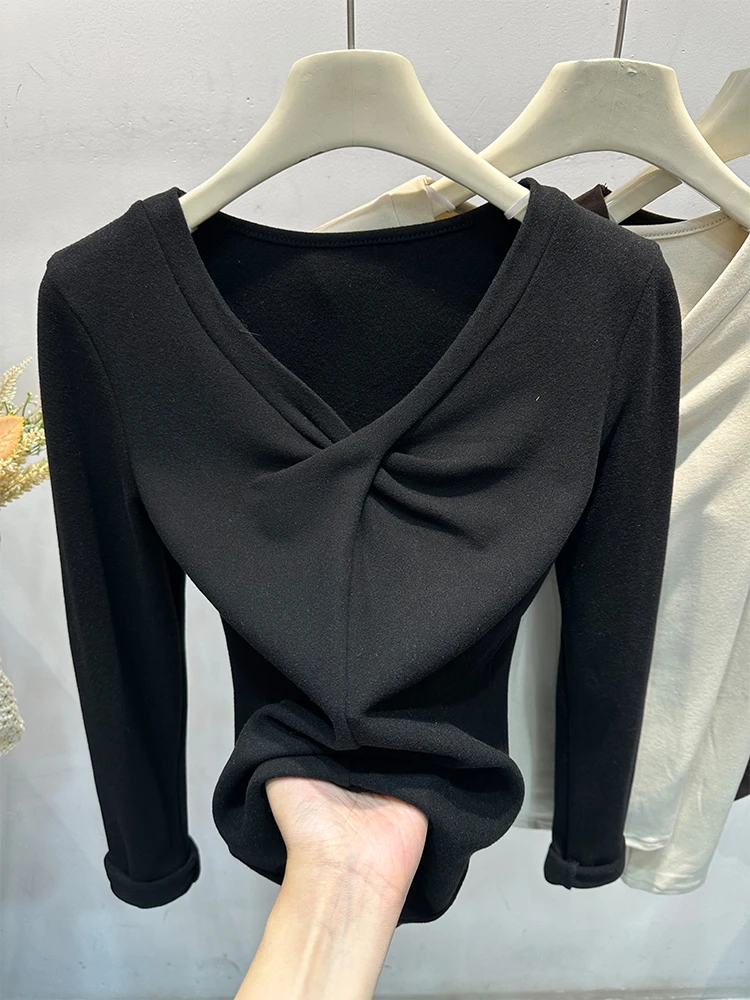 Korean Series Twist Design Sense V-neck Long sleeves Shirt Women Autumn and Winter 2024 New Slim fit Slimming Chic Thin Velve...
