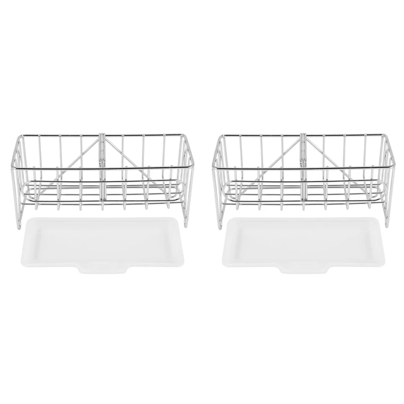 

2X Sink Caddy Organizer Countertop Sponge Brush Soap Holder With Drain Pan Stainless Steel For Kitchen
