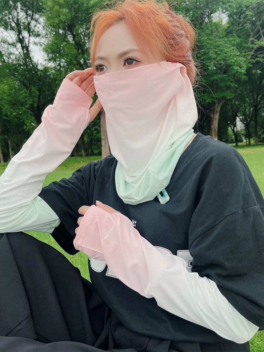 Gradient Sun Mask Women Summer UV Protection Sunshade Neck Guard Veil Outdoor Cycling Ice Silk Arm Oversleeve
