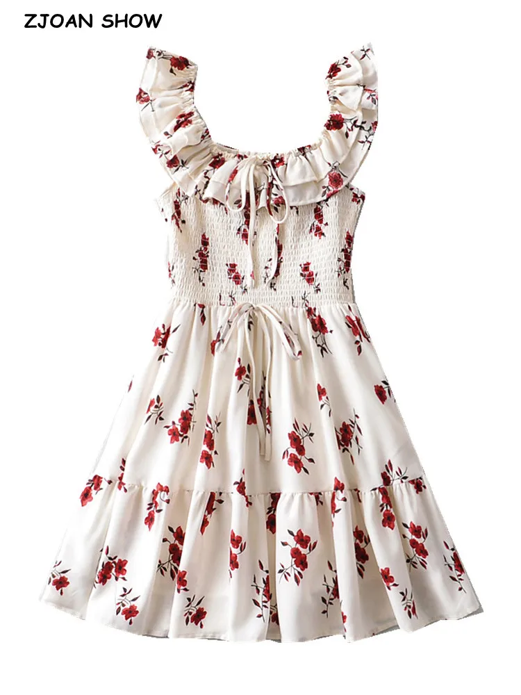 

2022 Sexy Ivory Flower Print Ruched Elastic Body Ruffle Strap Mini Dress Bow Sleeveless Short Tank Dresses Holiday Woman Robe