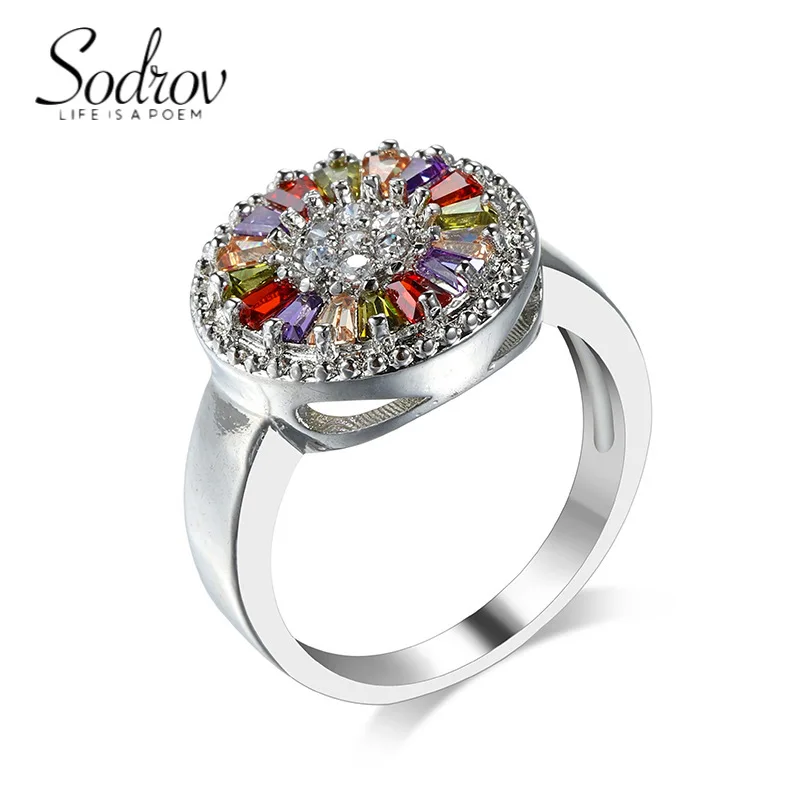 

SODROV Luxury Rainbow Jewelry Colorful Crystal Zircon Flower Rings for Women Wedding Engagement Ring Us Size 6-10