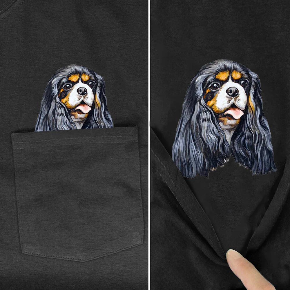 

CLOOCL 100% Cotton T-shirts Fashion Pretty King Charles Dog Pocket Tops Hip Hop Tees O-neck Short Sleeve Woman Tshirts