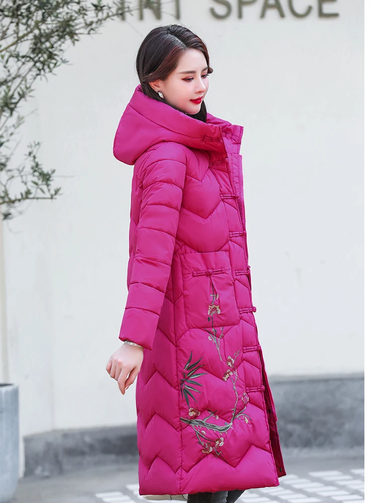 2022 Hot Sale Women Winter Long Jacket Hooded Elegant embroidery Solid Black Green Khaki Female  Parka Coat Warm thicken