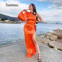 orange side slit mermaid prom dress one shoulder pleats beach prom gown back zipper sexy women party dresses robe de soiree 2022
