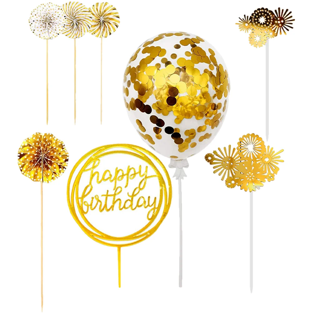 

Cake Cupcake Toppers Birthday Picks Paper Topper Balloon Gold Party Fan Dessert Decorations Wedding Supplies Happy Golden