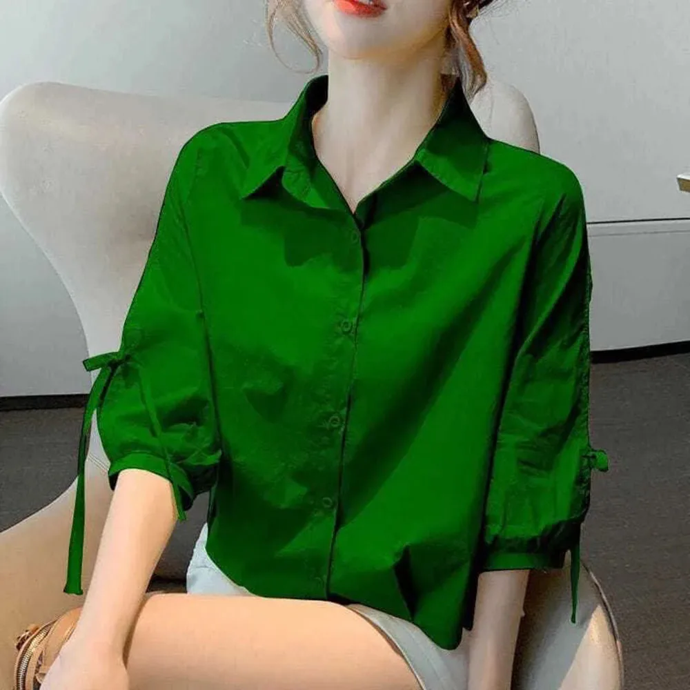 

Summer Solid Shirt Women's Lantern Sleeve 2022 New Korean Version Cotton Breathable Tops Female Bow Simple Fashion Woman Blouse
