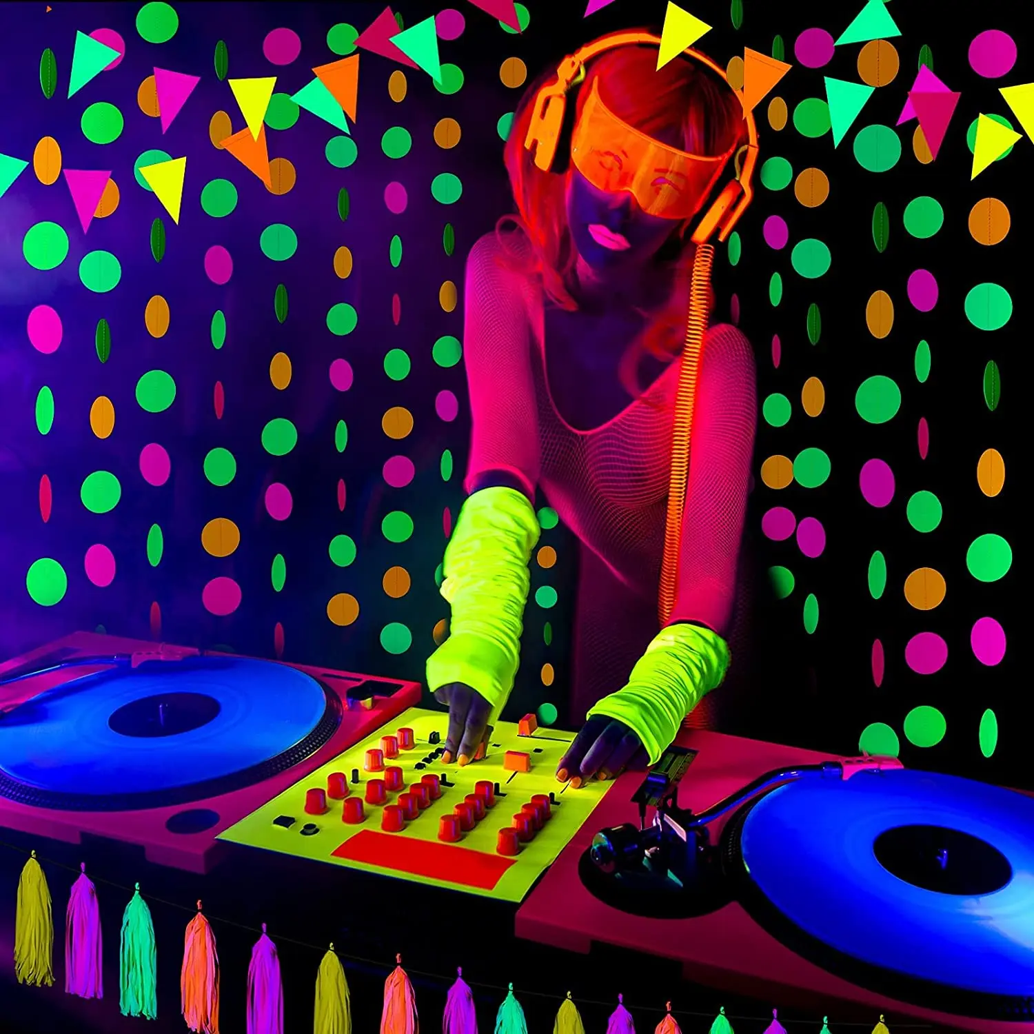 

20 Pcs Neon Paper Tassels Garland and Neon Triangle Flags Bunting for Black Light Reactive UV Glow Wedding Birthday Party Decor
