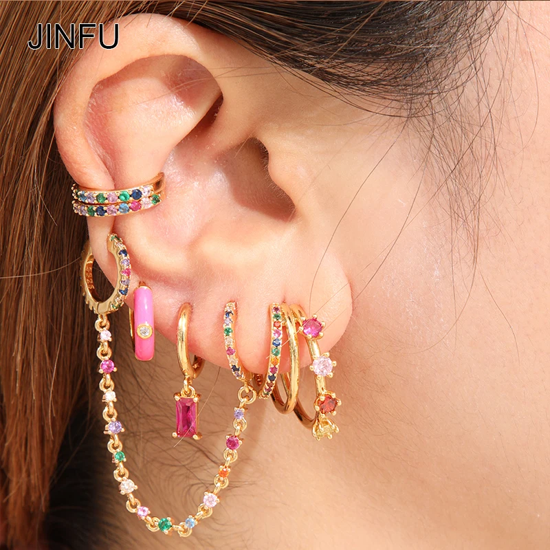 

JINFU Color CZ Zircon Earrings Set for Women Gold Silver Filled Ear Cuffs Initial Chain Hoop Earrings 2022 Jewelry Wholesale