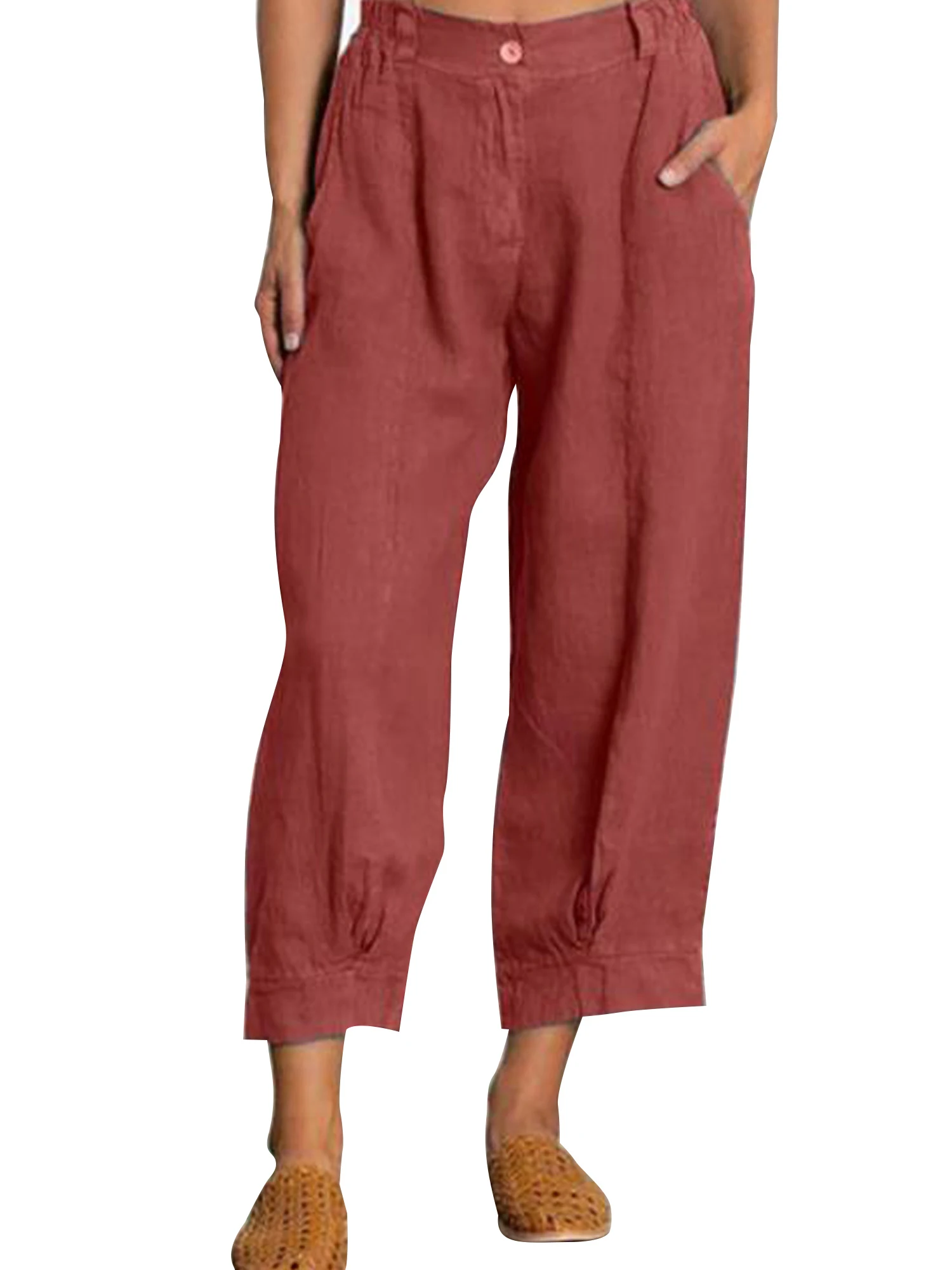 

Solid Color Button Women Linen Multi-pocket Straight Casual Ankle-Length Pants Breathable Comfortable Wide Leg Loose Trousers