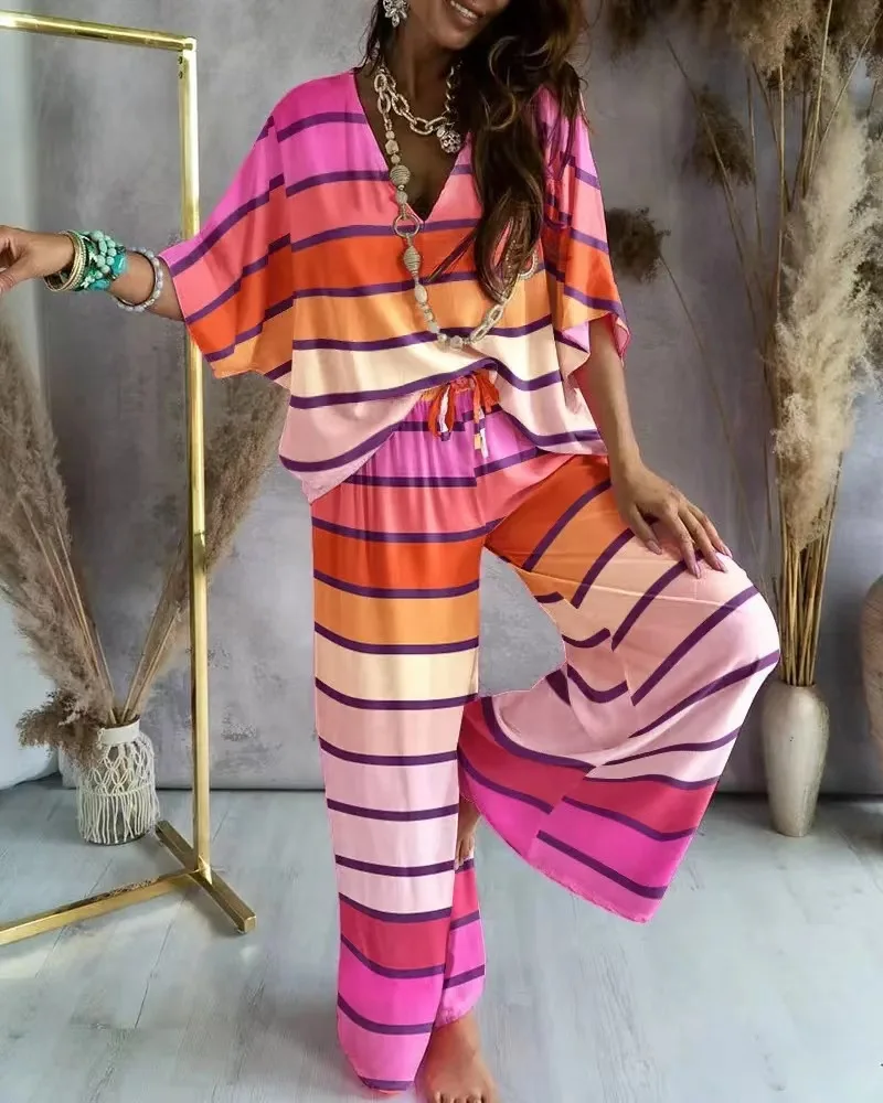

2023V Neck Bat Sleeve Casual Loose Wide Leg Trouser Set Women's Stripe Print Pullover T-shirt And Wide Leg Pants Two Piece Set