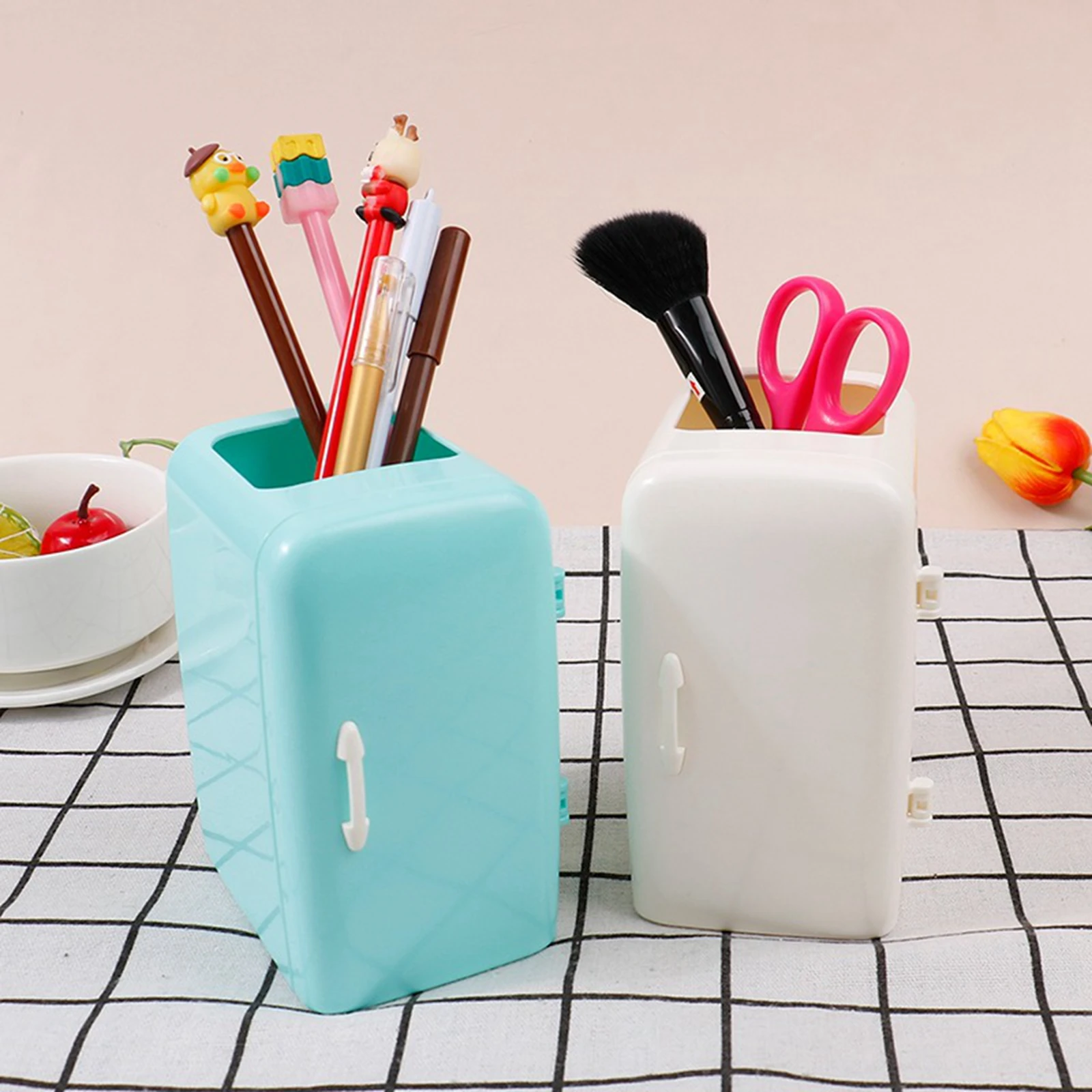 Storage Pen Holder with Eye Stickers Refrigerator Shape Separation Structure Stationery Organizer