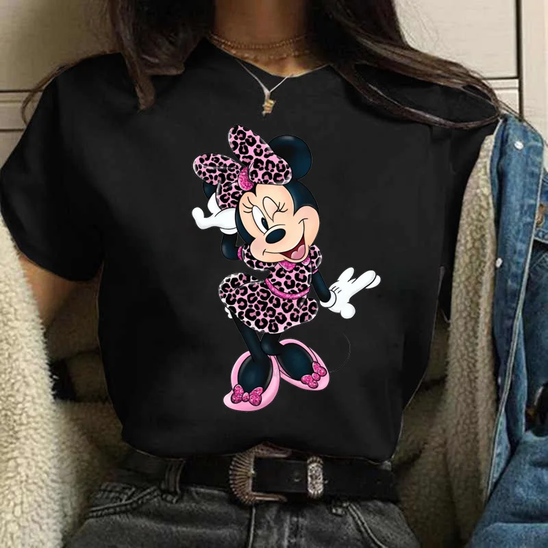 

Women Leopard Minnie Mouse Print T Shirt Summer Casual Short Sleeve Lady Girl Womens Clothing Kawaii Tops Disney Female T Shirt