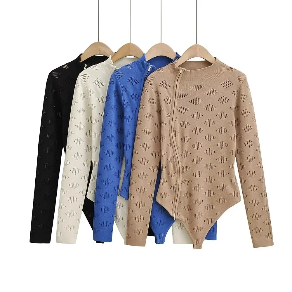 Женское трикотажное боди на двойной молнии с ложным воротником эластичные