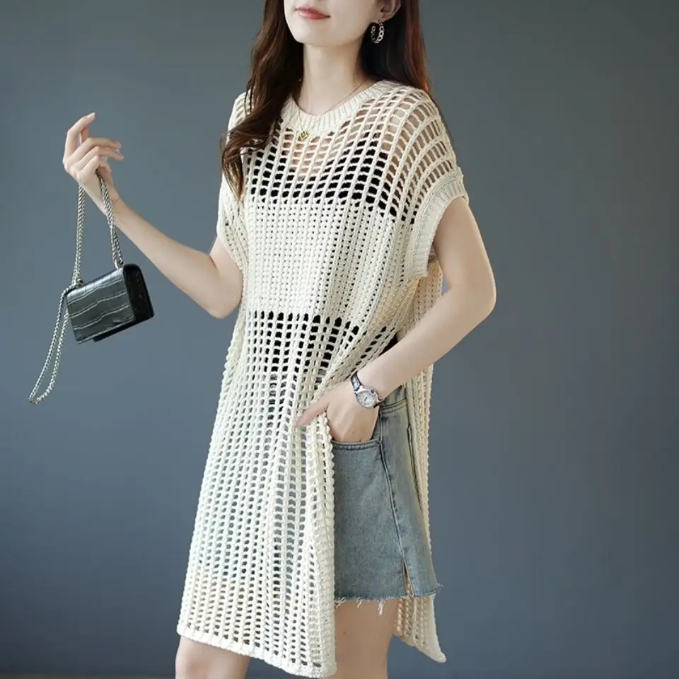 

Hollow Out Knitted Women T-Shirts Summer 2022 Loose Sleeveless Long Casual Female Pulls Outwear Tops Tees