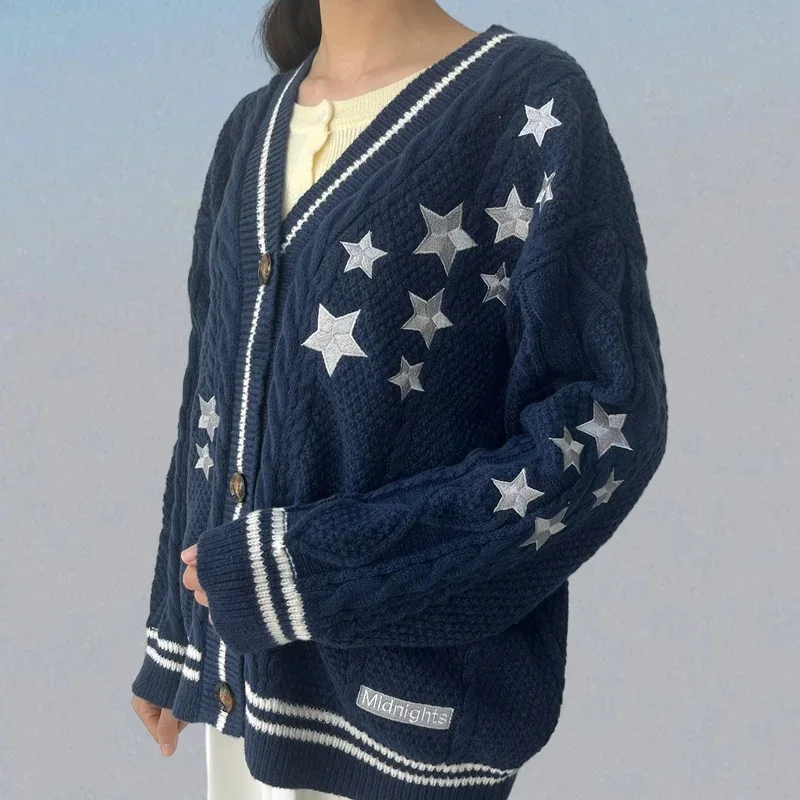 Полуночный темно-синий кардиган женский повседневный модный свитер со звездами