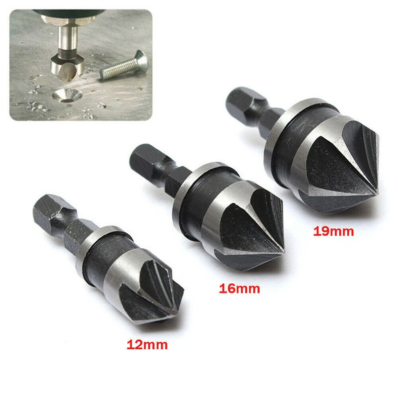 

3Pcs 90 Degree 5 Flutes Chamfer Cutter 12/16/19mm Wood Metal Countersink Boring Deburring Drill Bit Woodworking Hole Drilling