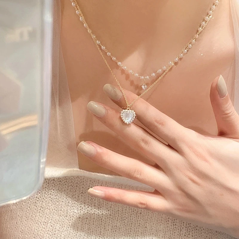 Fashion Cute Love Heart Shaped Pendant Necklace Pearl Chain Shiny Women 2023 Aesthetic Jewelry Choker Wedding Party Jewelry Gift