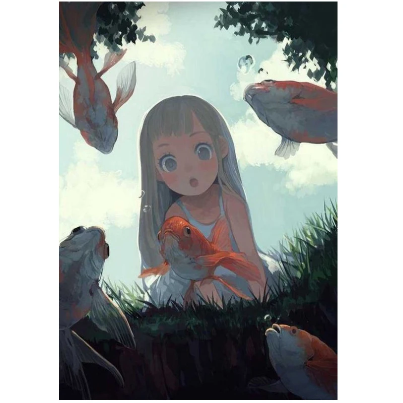 

5d алмазная живопись «сделай сам», аниме искусство, девушка, рыба, алмазная вышивка, полная квадратная круглая Алмазная мозаика, вышивка крестиком, искусство, домашний декор, подарок