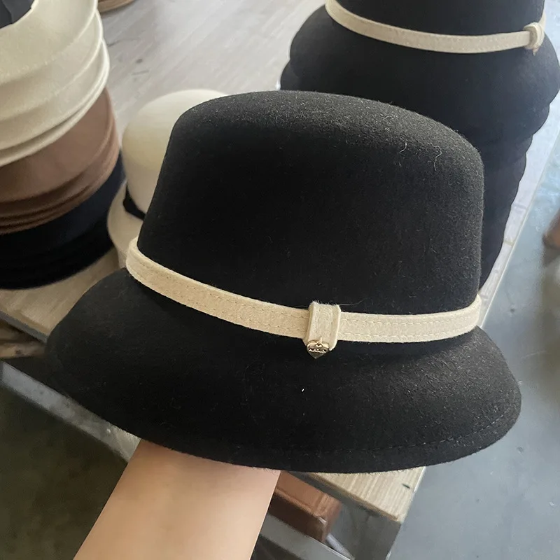 

202309-2509326 ins шикарная изящная Зимняя шерстяная фетровая лента Herben удобная женская шапка-ведро женская стандартная