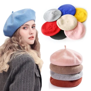 Women Girls Beret French Plain Wool Caps Warm Winter Beanie Hat Vintage Berets Solid Color Elegant L
