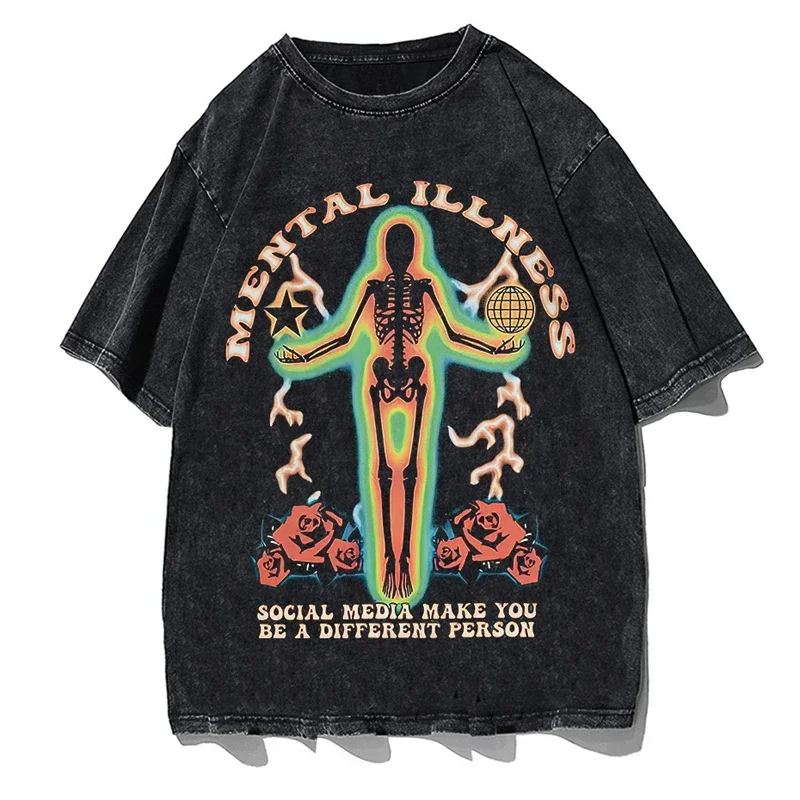 Футболка мужская оверсайз с принтом скелета и розы хлопковая тенниска вареным