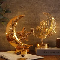 shiny metal gold moon shape lights hollow pattern ramadan decorations lamp with tray muslim festival ornaments candlestick eid