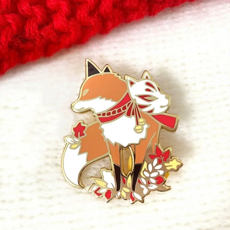 

Cartoon Red Fox Flowers Hard Enamel Pin Kawaii Cute Animal Kitsune Mask Metal Brooch Accessories Fashion Badge Jewelry Gift