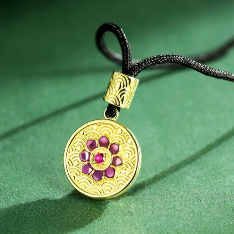 

Vintage Engraved Pattern 925 Sterling Silver Double Sided Enamel Craft Gold Necklace for Women High Quality Fine Jewelry Gift