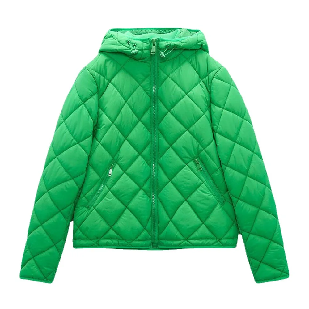 2022 New Autumn and Winter Women's Zipper Green Hooded Regular Cotton Clothing Casual Warm Jacket