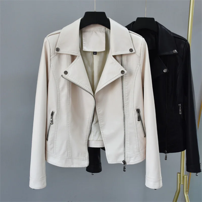 

Beige Black Women Slim Short Faux PU Leather Coat Lapel Long Sleeve Autumn Jaqueta De Couro Feminina Korean Female Biker Jacket