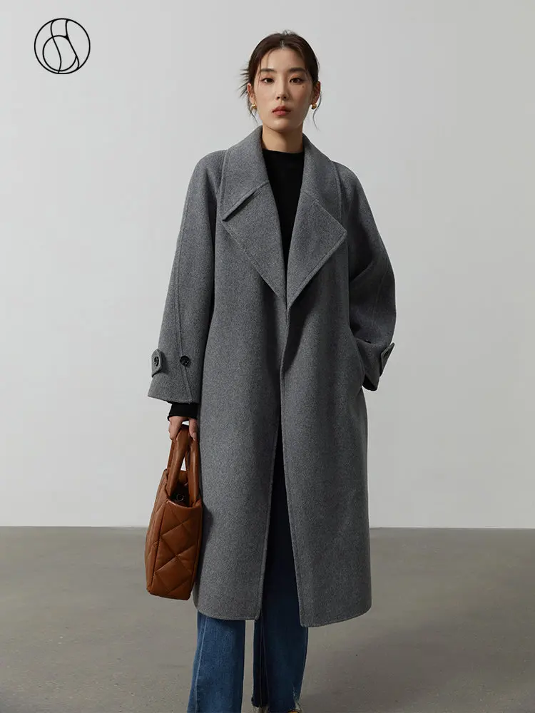 DUSHU 100% Wool Large Lapel Long Temperament Grey Wool Coat Belt Two Button Design Women Woolen Jackets Office Lady Winter Coat