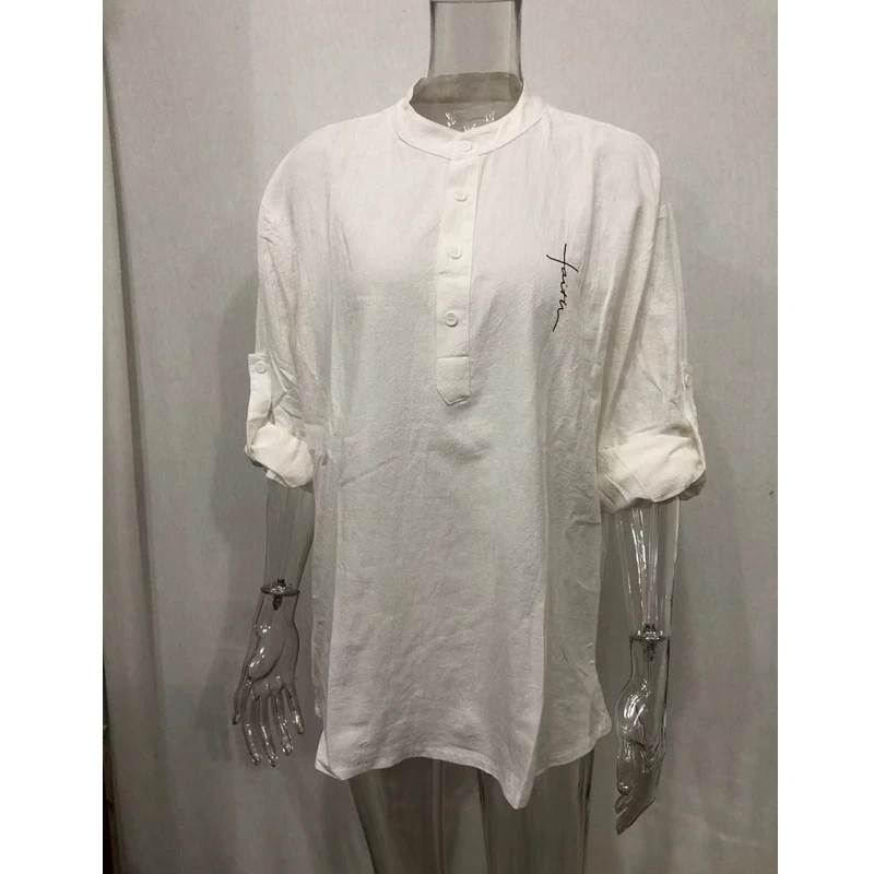 Summer Shirt Top Cotton and Linen Shirt Men Letter Print Shirt Men's Single-Breasted Stand Collar Long Sleeve Pullover Shirt