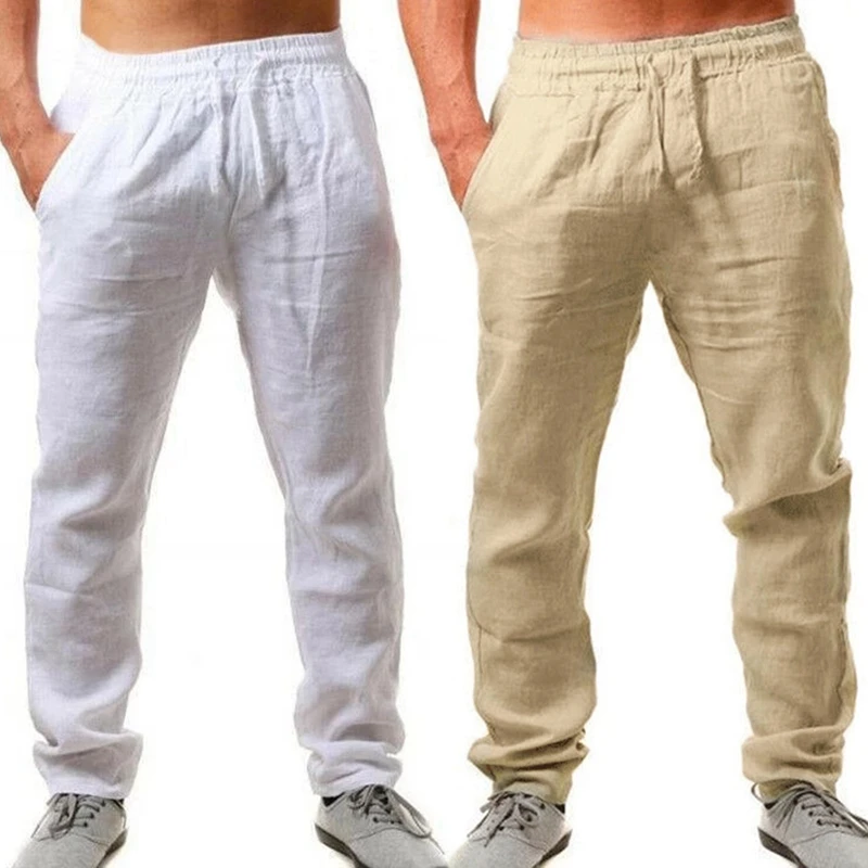 

2PCS Men Cotton And Linen Trousers Loose Pants Men Solids Harem Pants Casual Pants Hip Hop Trousers, White & Dark Khaki