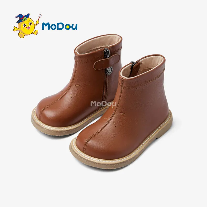 Mo Dou Children's Boots 2022 New Autumn Winter Girl's Short Boots Baby Leather Boots Soft Sole Boots Comfortable Lining Non Slip