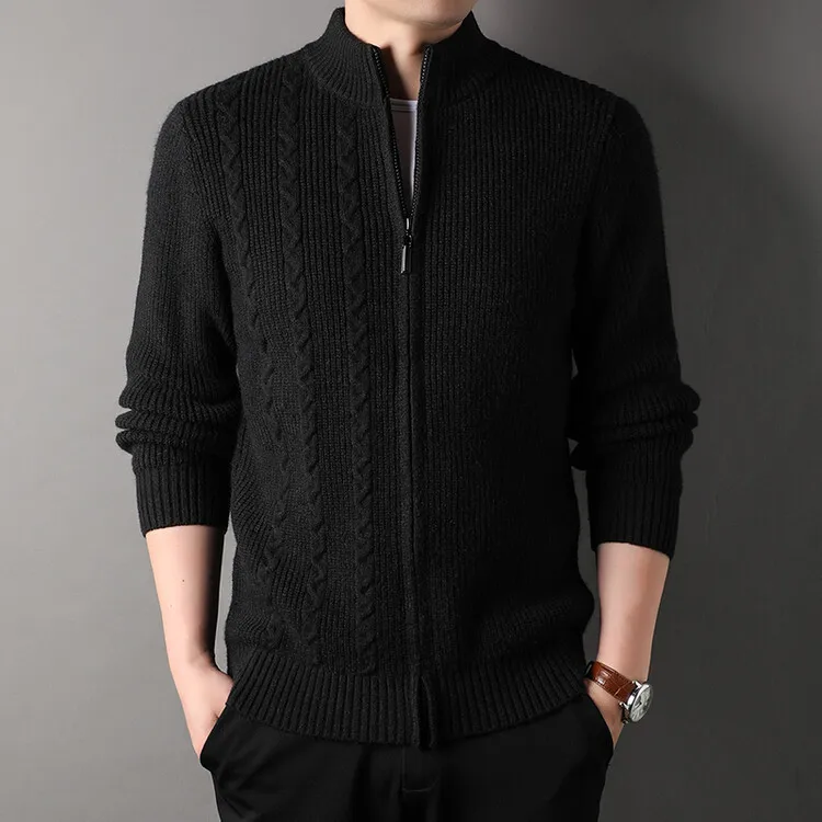 Мужской трикотажный кардиган на молнии однотонный плотный с воротником-стойкой