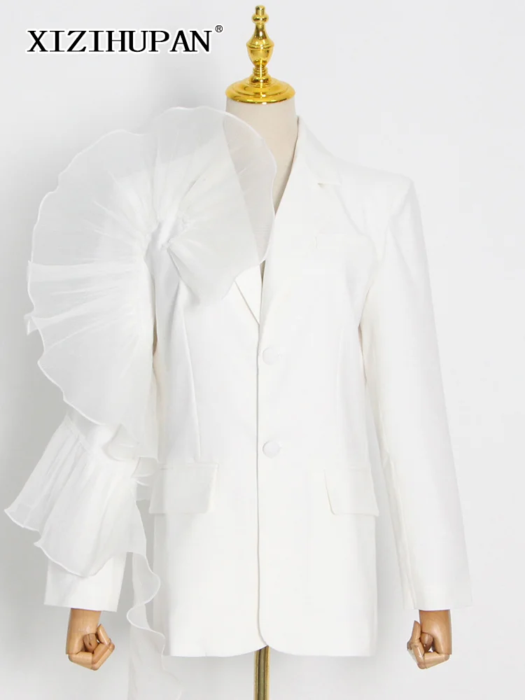 

Пиджак XIZIHUPAN женский с оборками, Белый свободный блейзер с английским воротником и длинным рукавом, на пуговицах, весенняя одежда, 2022