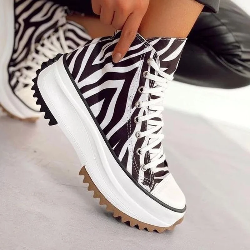 

Women's Shoes Thick Sole Canvas Sneakers Lace Up High Top Women's Casual Shoes Fashion Zebra Print Lace Up Women's Sports Boots