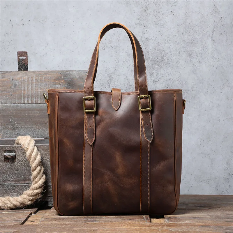 Vintage large-capacity crazy horse cowhide men's tote bag natural genuine leather work handbag fashion shoulder crossbody bag