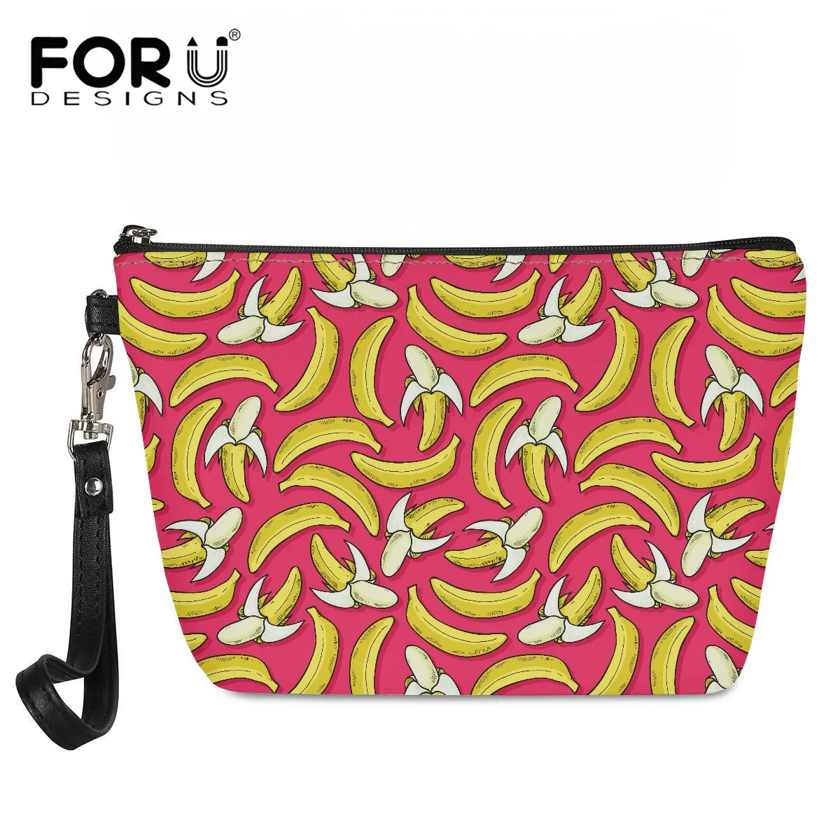 

FORUDESIGNS Ladies Makeup Storage Pouch Cosmetic Bag Pink Cartoon Banana Pattern Travel Organizer Toiletry Case for Femminile