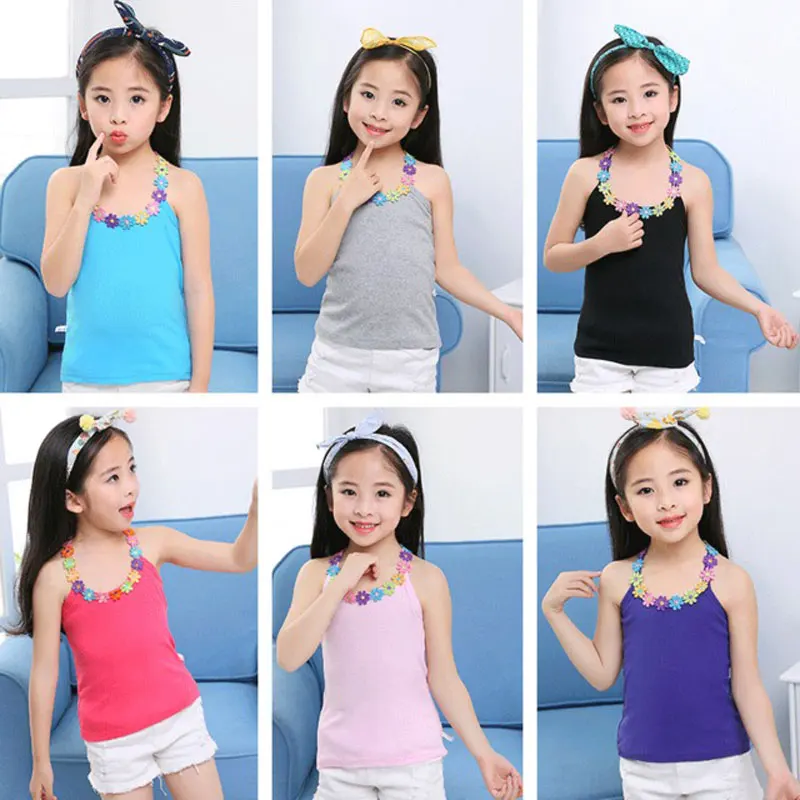 

Summer Children Shirts Cotton T-shirt For Girls Candy Color Teenager Blouse Sleeveless Kids Tees Baby Undershirt 8 10 12