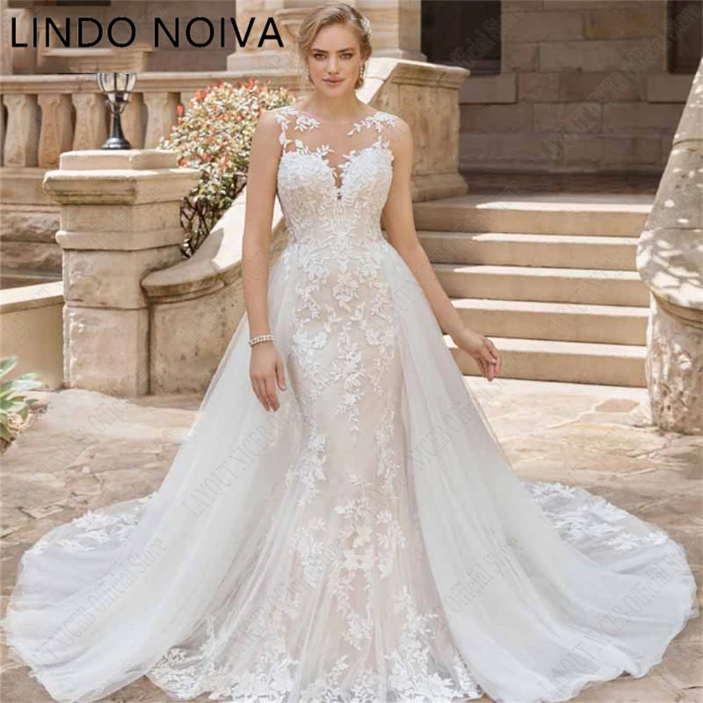 

LINDO NOIVA Sleeveless Appliques Wedding Dress With Detachable Tulle Train O-neck Lace Vestido Noiva Boho For Bride Custom Made