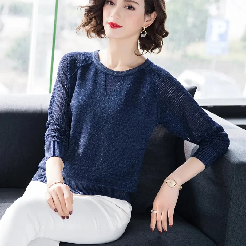 

Elegant Long Sleeve Knitted Tops Women Korean Style Solid Color Bright Silk Thin Sweater Casual O-neck Short Knitting Pullover